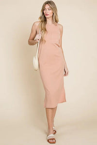 BOMBOM Ribbed Knit Sleeveless Midi Dress