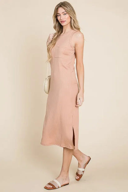 BOMBOM Ribbed Knit Sleeveless Midi Dress