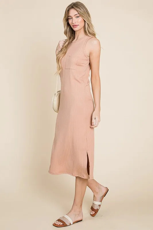BOMBOM Ribbed Knit Sleeveless Midi Dress