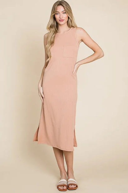 BOMBOM Ribbed Knit Sleeveless Midi Dress