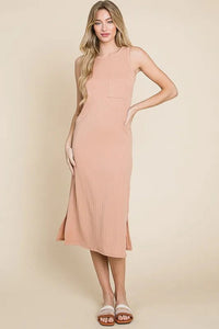 BOMBOM Ribbed Knit Sleeveless Midi Dress