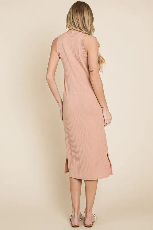 BOMBOM Ribbed Knit Sleeveless Midi Dress